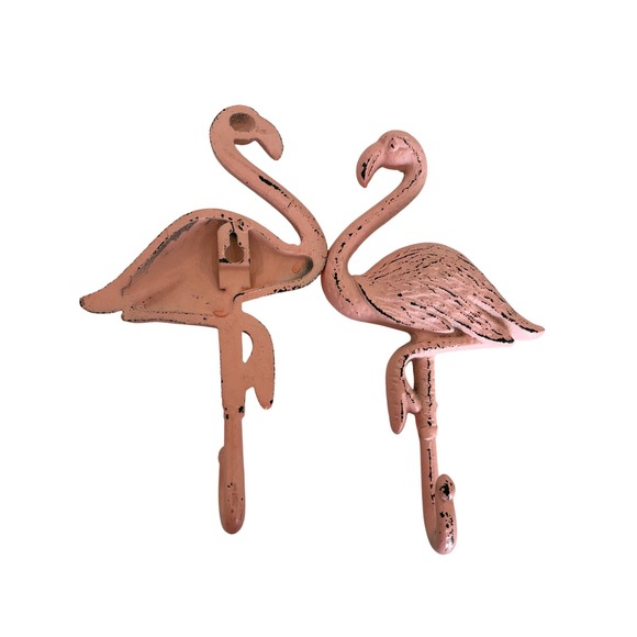 Other - Set of 2 Pink Flamingo Cast Iron Wall Hooks Distressed Tropical Coastal Decor